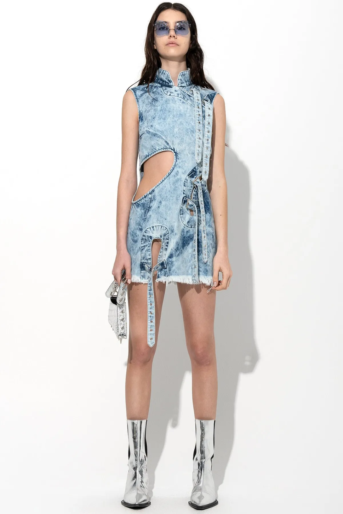 Women Marques ' Almeida ACID WASH DENIM MANDARIN CUT OUT DRESS