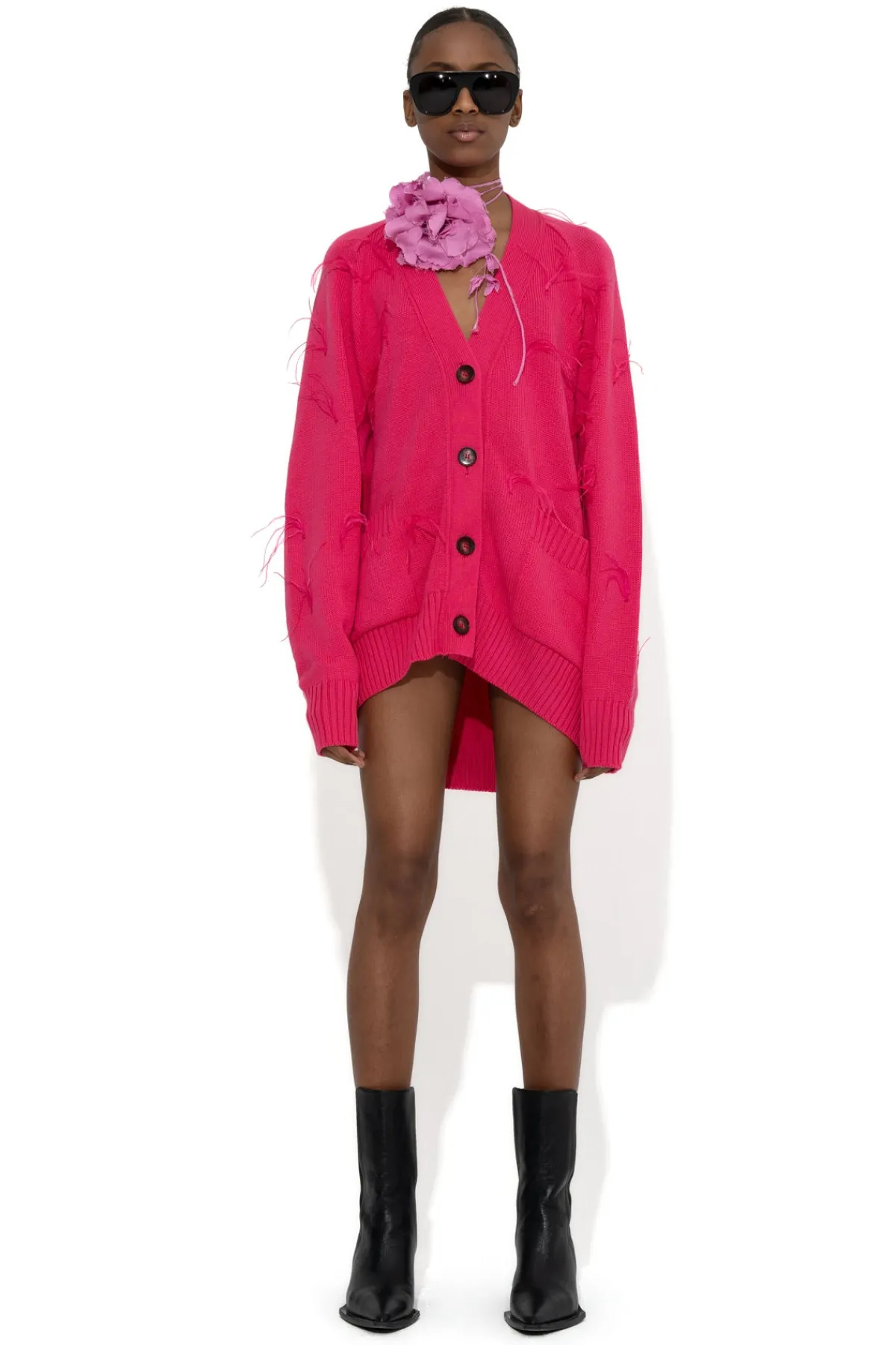 Women Marques ' Almeida BRIGHT PINK MERINO WOOL OVERSIZE CARDIGAN WITH FEATHERS