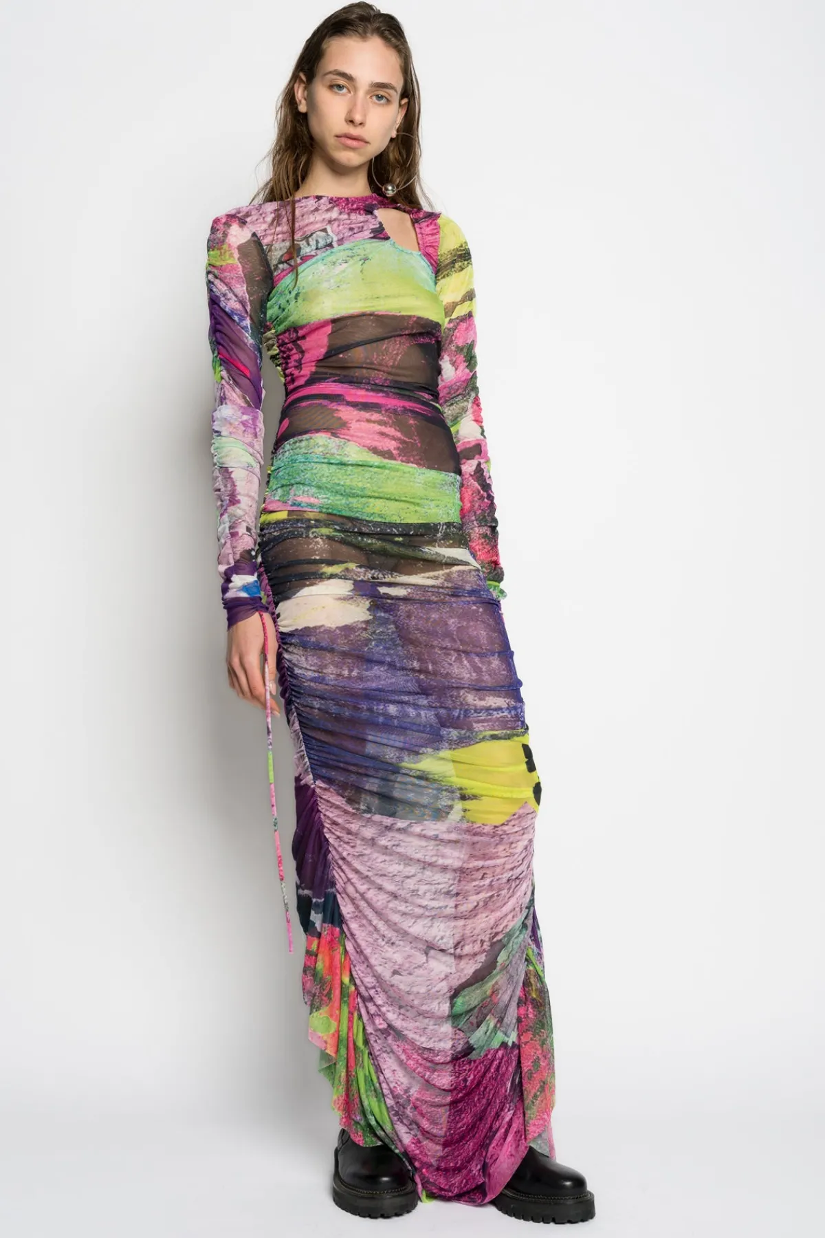 Women Marques ' Almeida GRAFFITI PRINT LONG GATHERED MESH DRESS