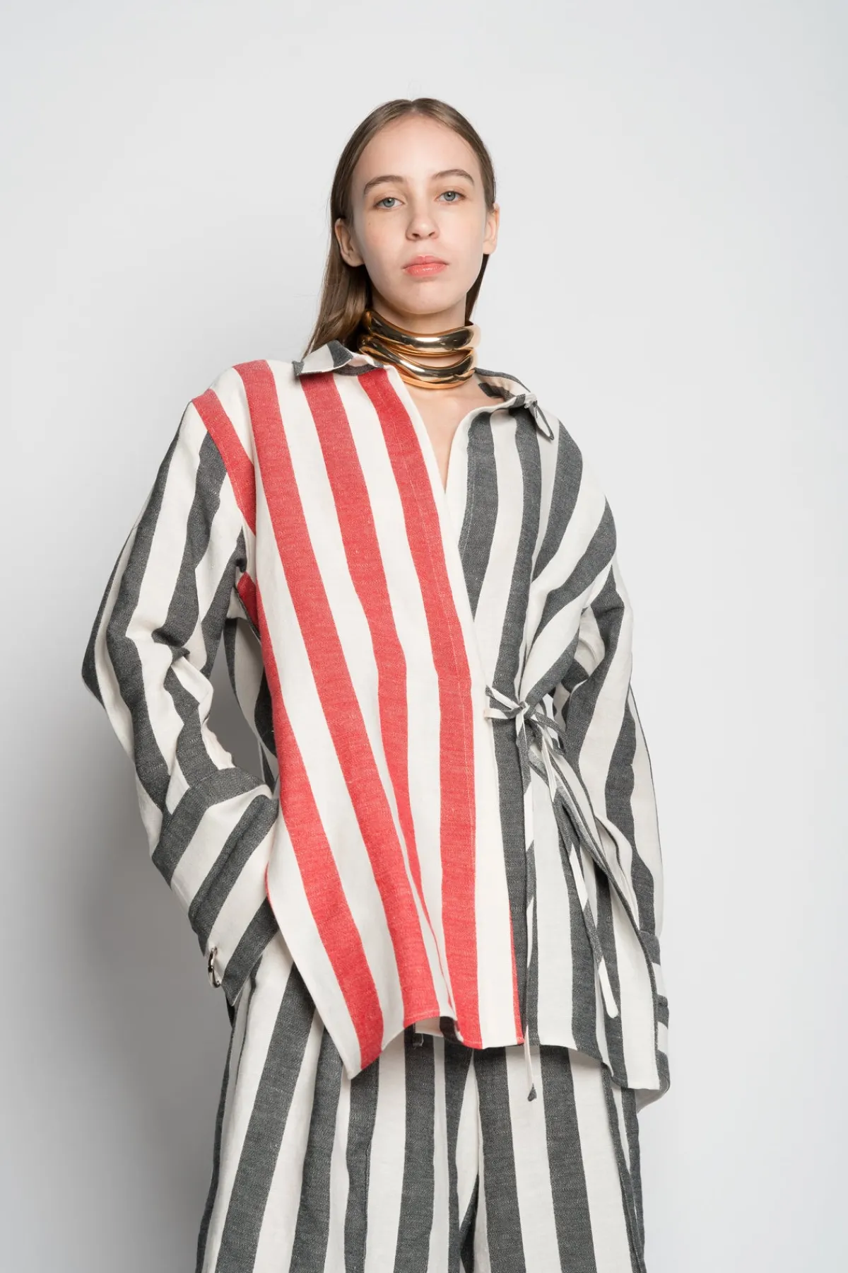 Women Marques ' Almeida MIXED STRIPES LINEN WRAP SHIRT