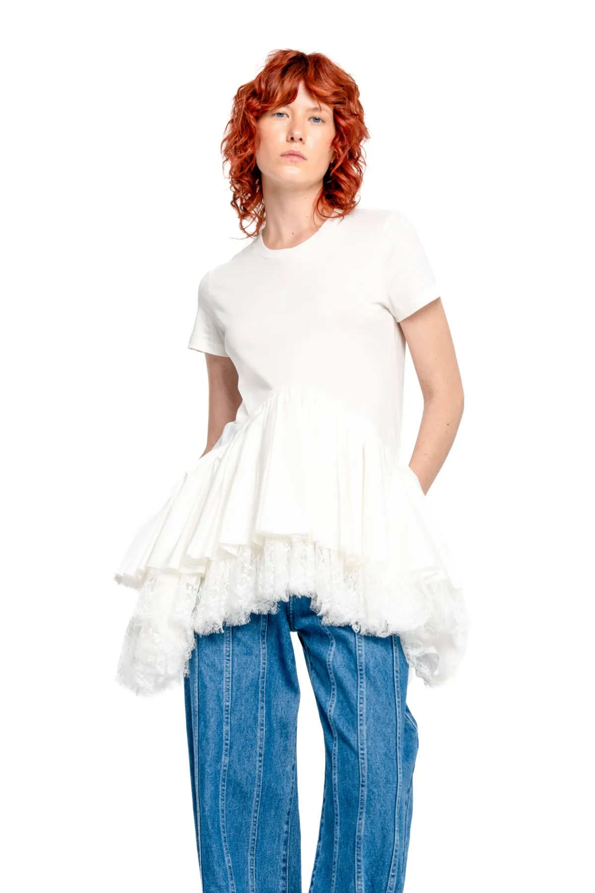 Women Marques ' Almeida CAP SLEEVE T-SHIRT WITH FRILL AND LACE HEM